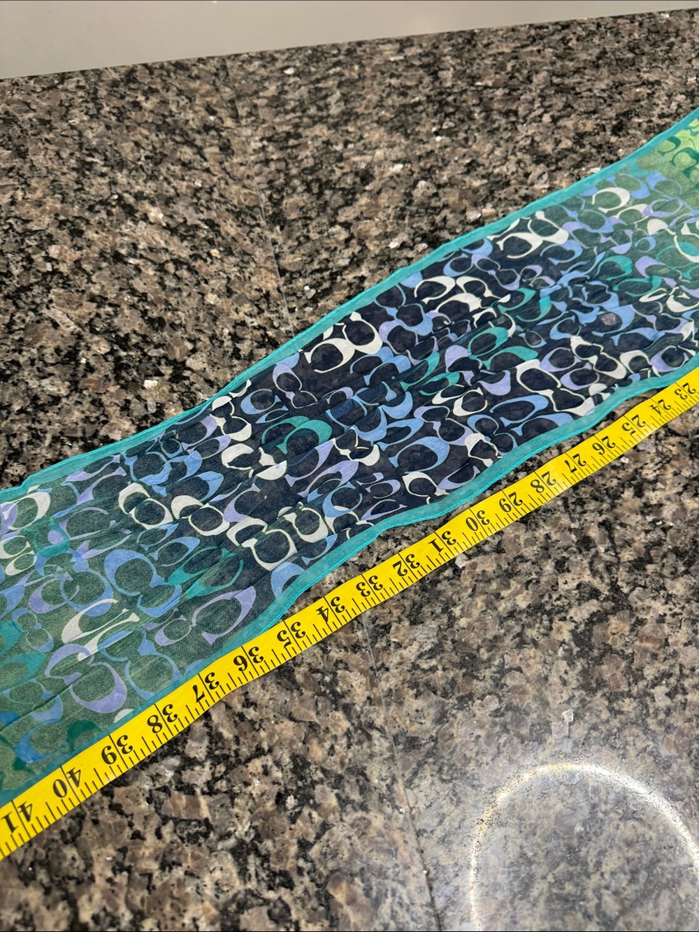 Coach silk Lime Green and Teal Logo Print Scarf - Picture 9 of 12